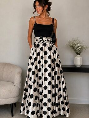 Her Destiny Black & Ivory Polka Dot Maxi Skirt – Size S